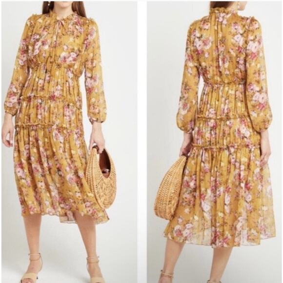 O.P.T. Dresses & Skirts - O.P.T. Floral Felicity Peasant Midi Dress Womens Size Medium Yellow Pink NWT